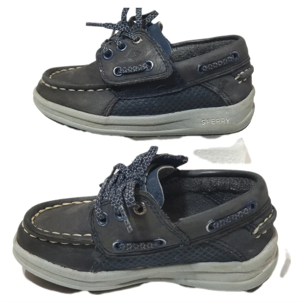 Sperry Top Sider Gamefish Jr. Grey & Blue Leather Loafer Boat Shoe Size 7M Kids